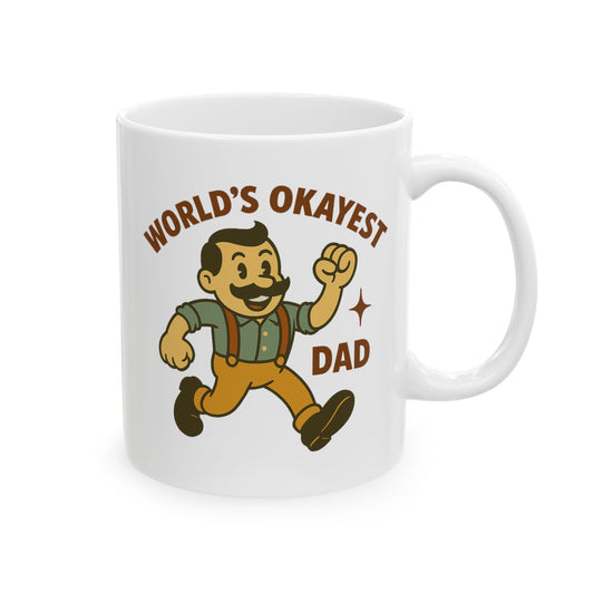 World’s Okayest Dad Mug – Funny Retro Cartoon Coffee Cup for Fathers